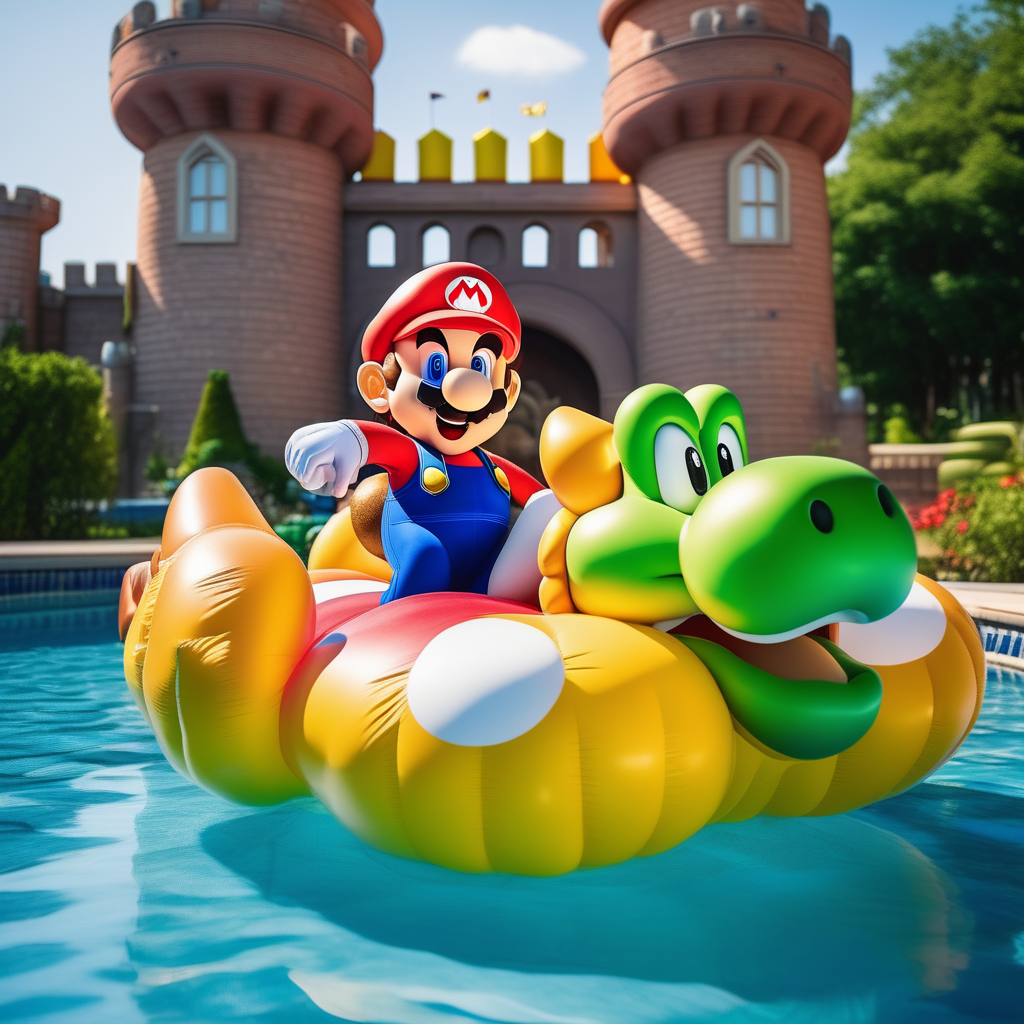 3863793436-655083190-professional photo of (((super mario on a bowser pool float))) in a pool, outdoor in front of the castle from princess peach, co.png
